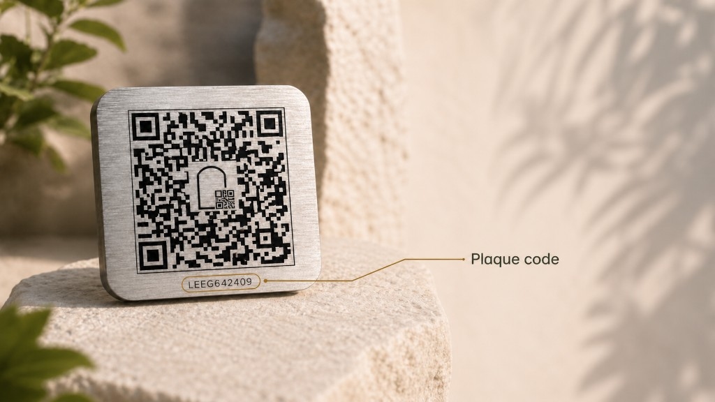 Memorial QR plaque with plaque code below