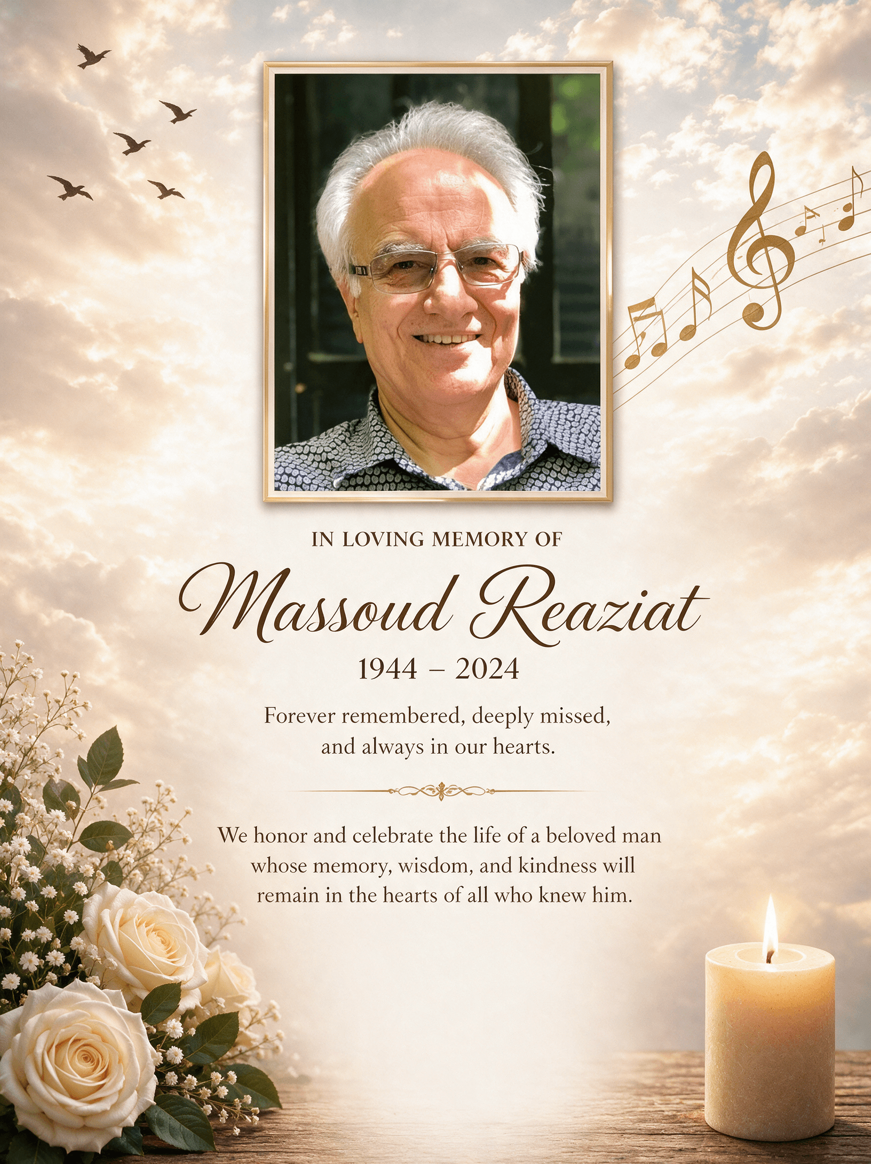 Sample Legacy Notice memorial for Massoud Reaziat