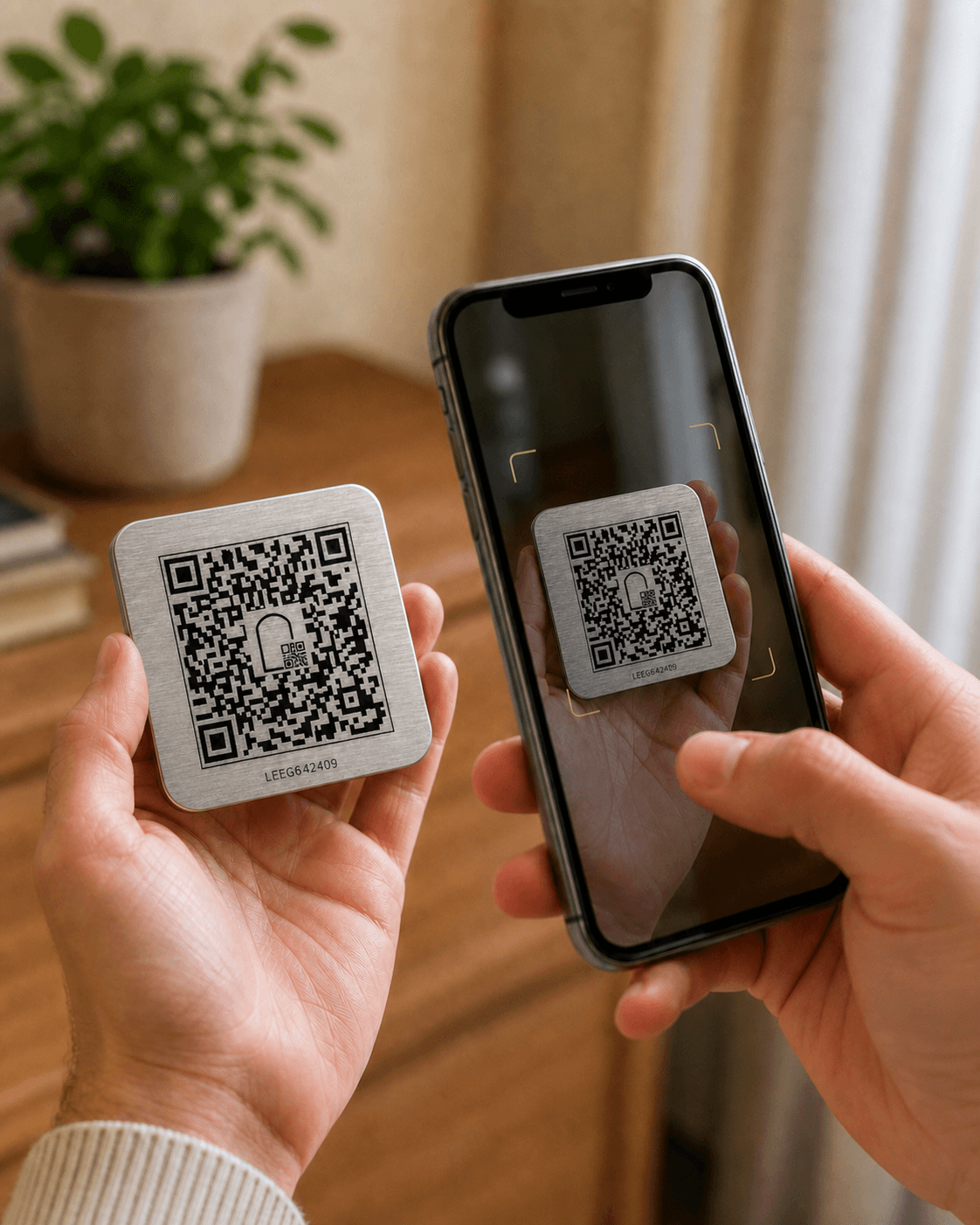 Hands scanning a memorial QR plaque with a phone