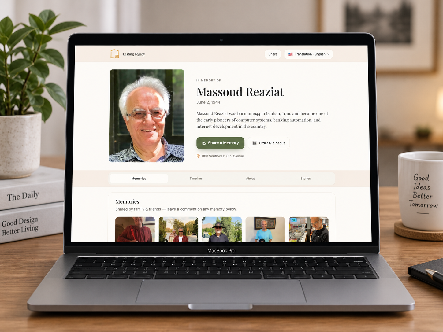 A memorial profile shown on a laptop with photos, videos, and voice memories